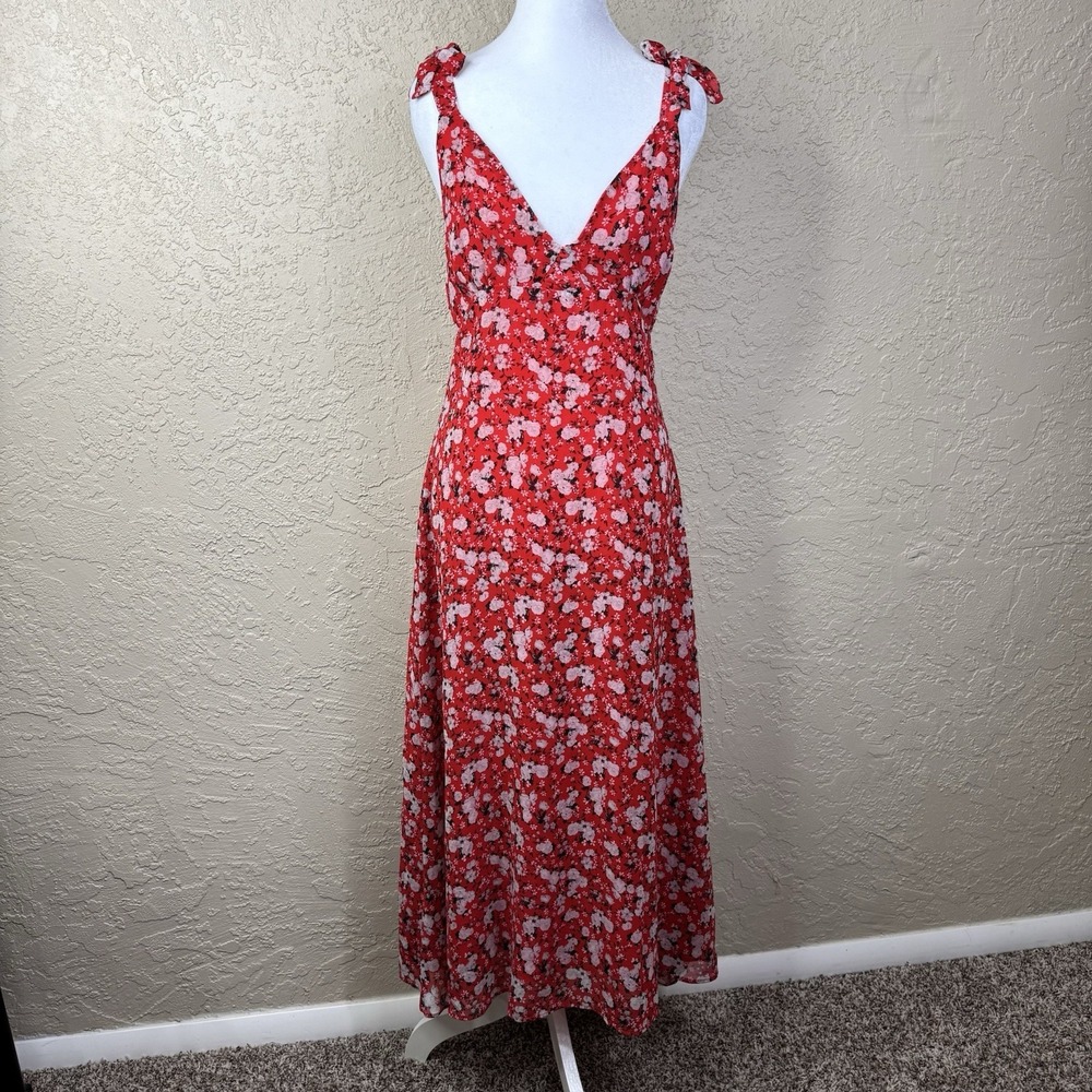 Zara Babydoll Maxi Sundress Red Floral V Neck‎ Sleeveless Size M Coquette Fairy
